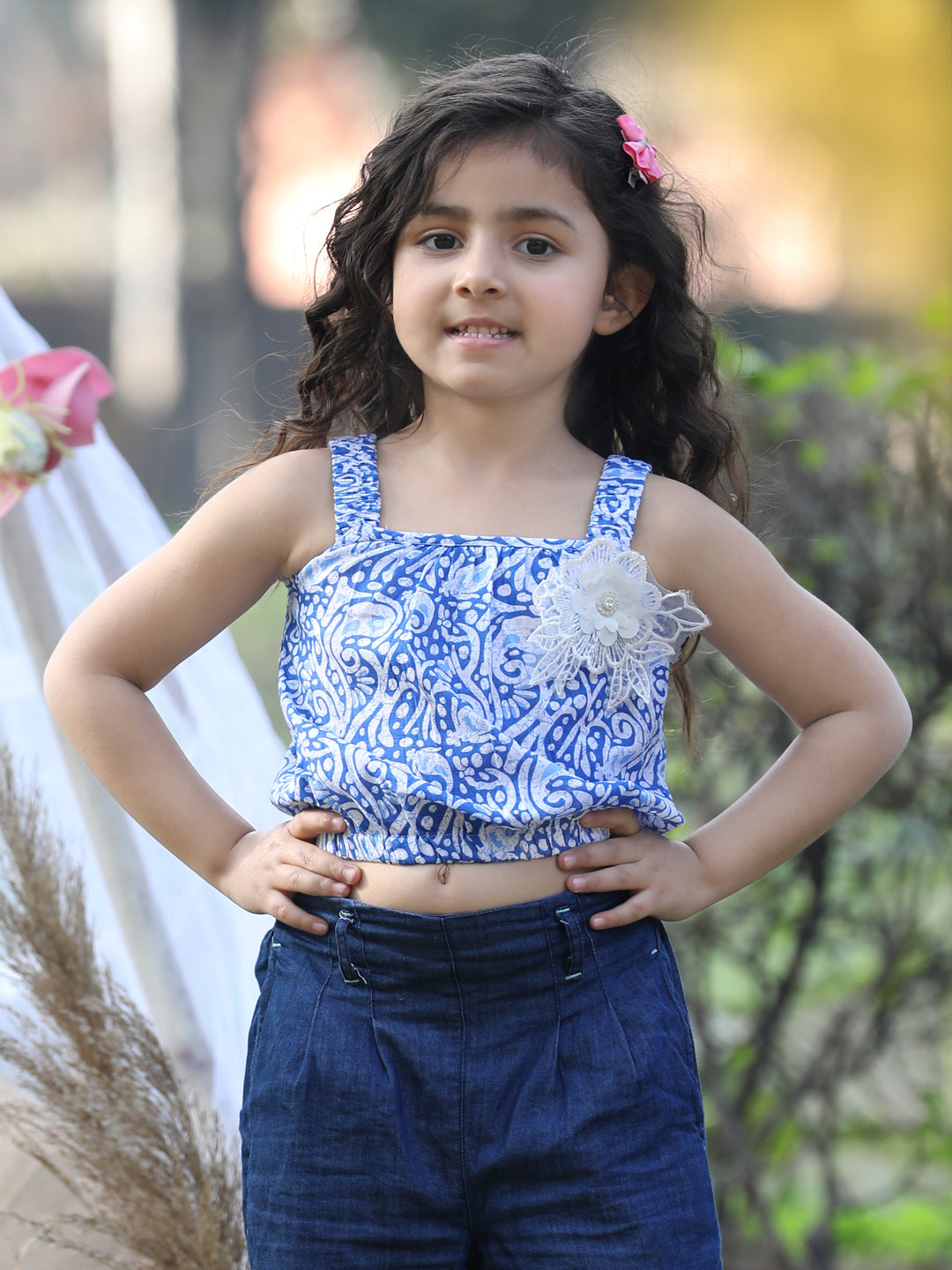 Cutiekins Shoulder Straps Printed Crop Top- Blue & White