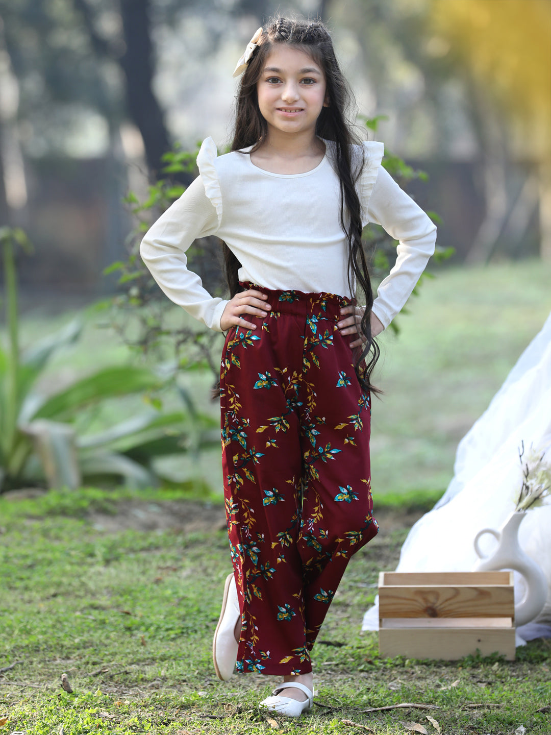 Cutiekins Printed Polyester Palazzos- Maroon & Yellow