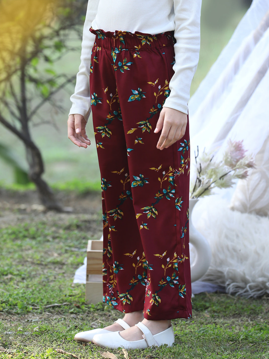 Cutiekins Printed Polyester Palazzos- Maroon & Yellow