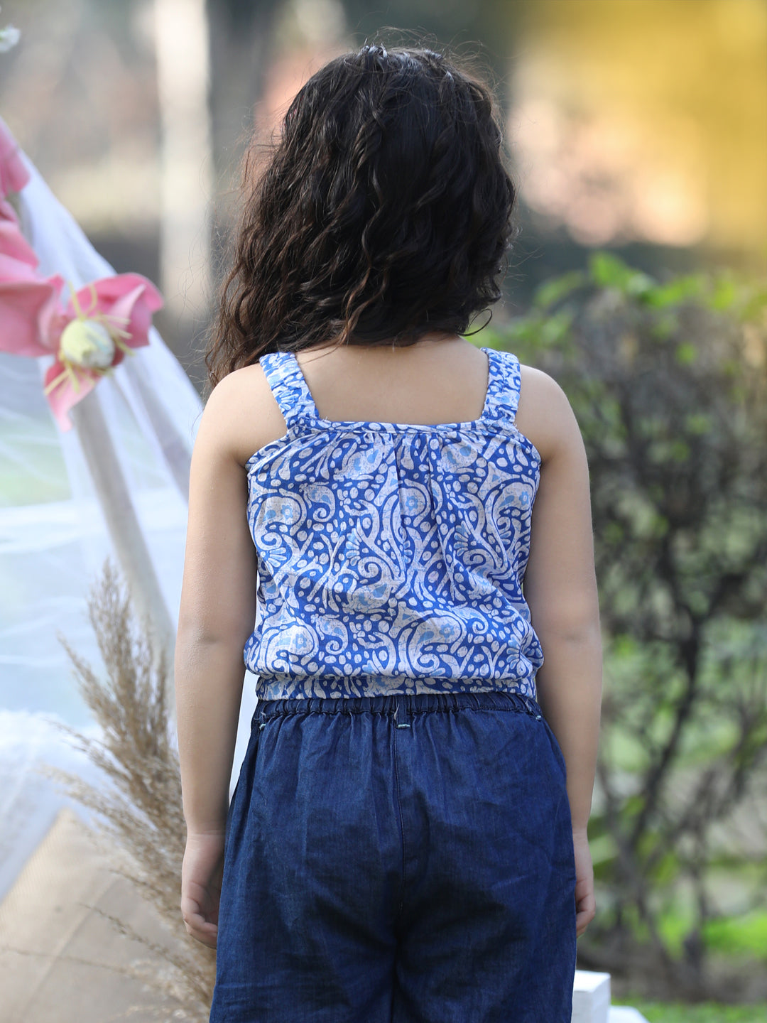 Cutiekins Shoulder Straps Printed Crop Top- Blue & White