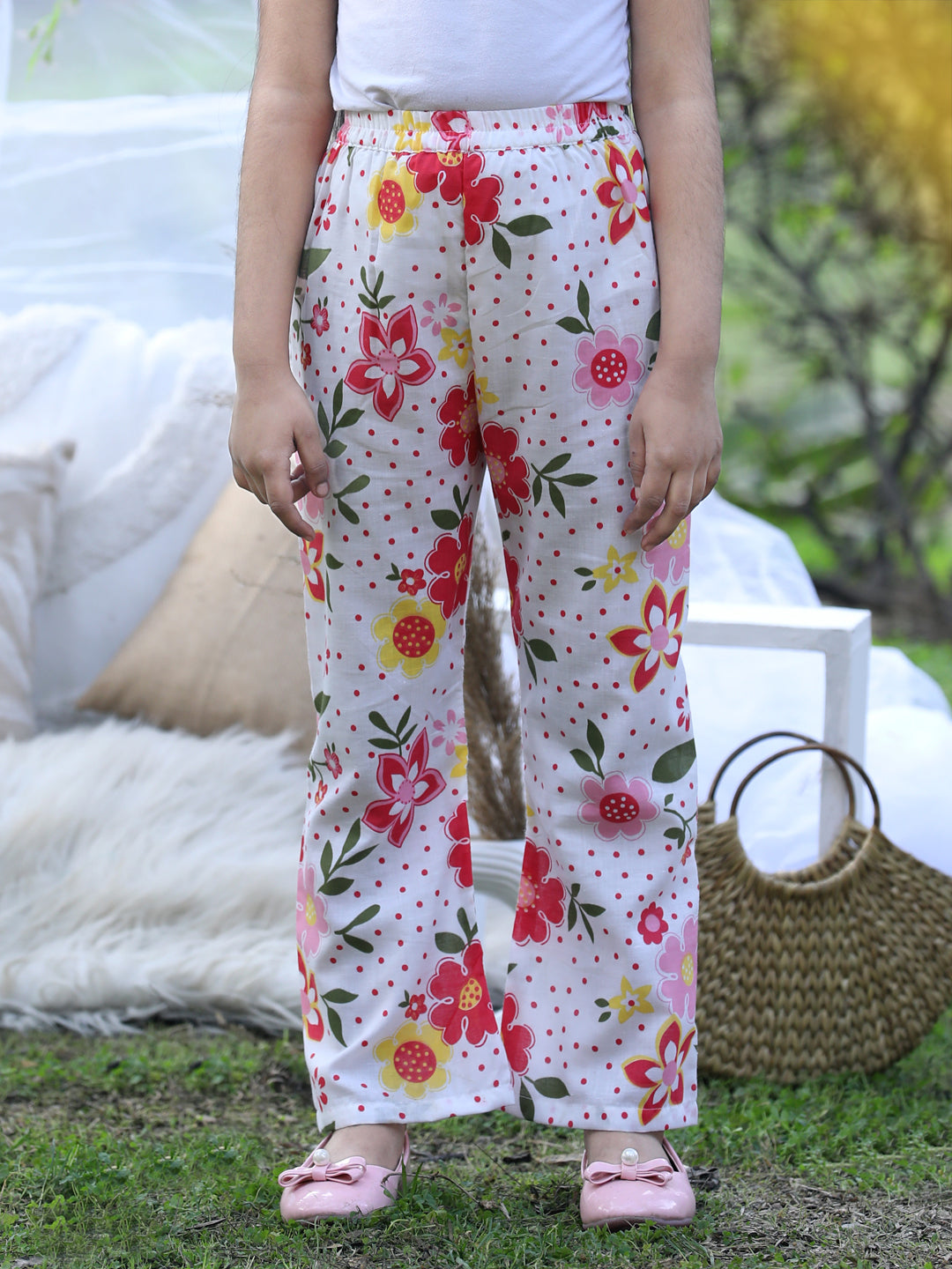 Cutiekins Printed Cotton Palazzos- White & Pink