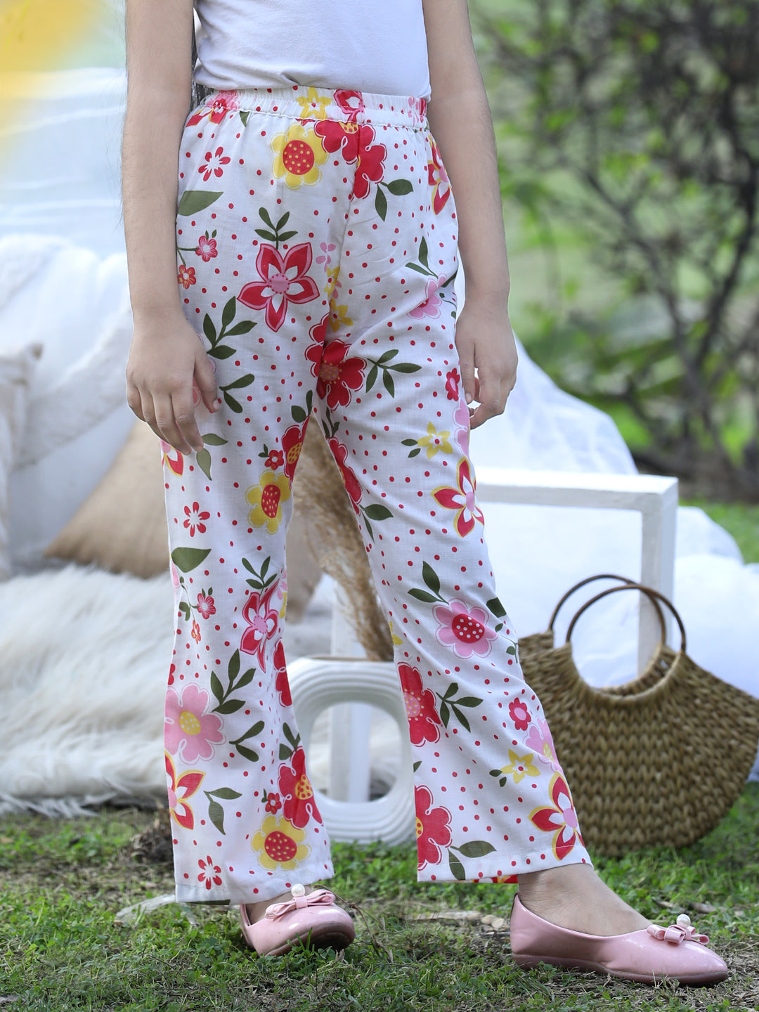 Cutiekins Printed Cotton Palazzos- White & Pink