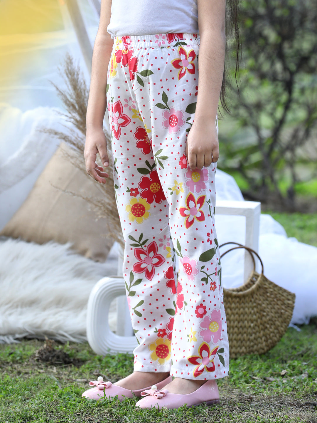 Cutiekins Printed Cotton Palazzos- White & Pink