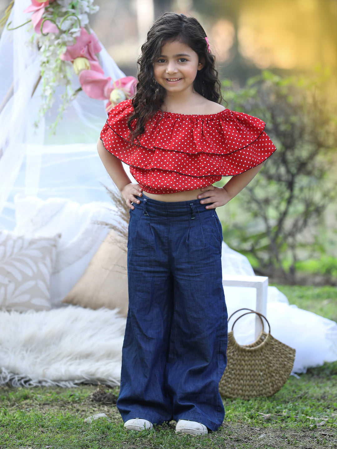 Cutiekins Off-Shoulder Printed Crop Top- Red & White