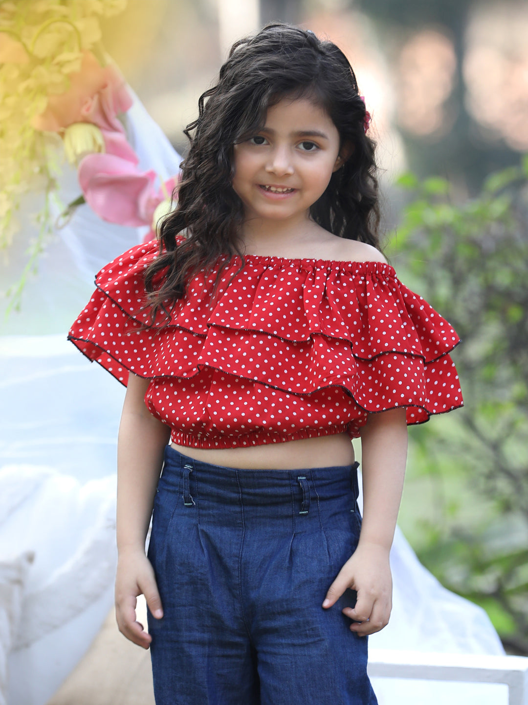 Cutiekins Off-Shoulder Printed Crop Top- Red & White