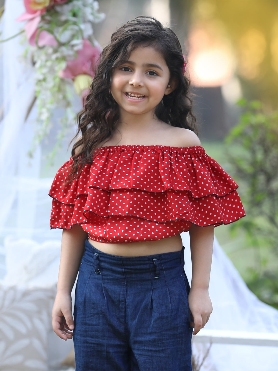 Cutiekins Off-Shoulder Printed Crop Top- Red & White