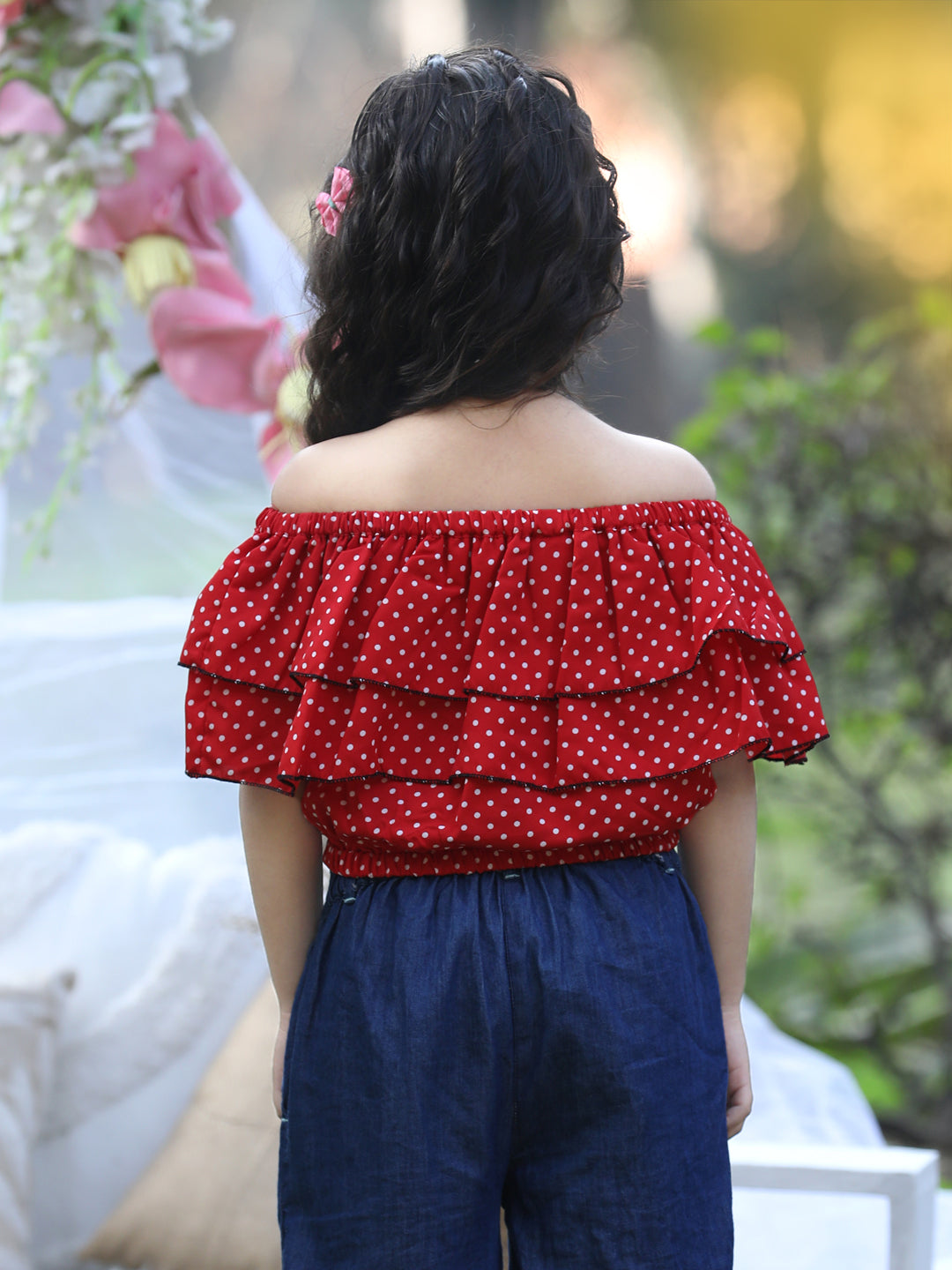 Cutiekins Off-Shoulder Printed Crop Top- Red & White