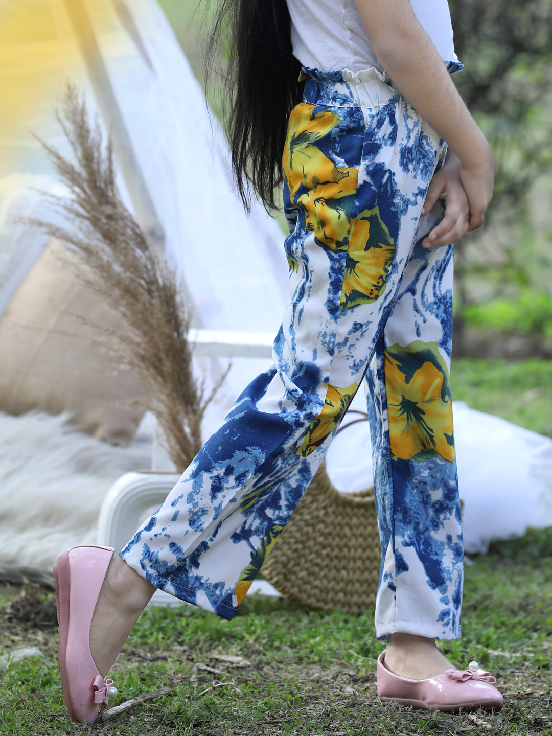 Cutiekins Printed Polyester Palazzos- Blue & Yellow