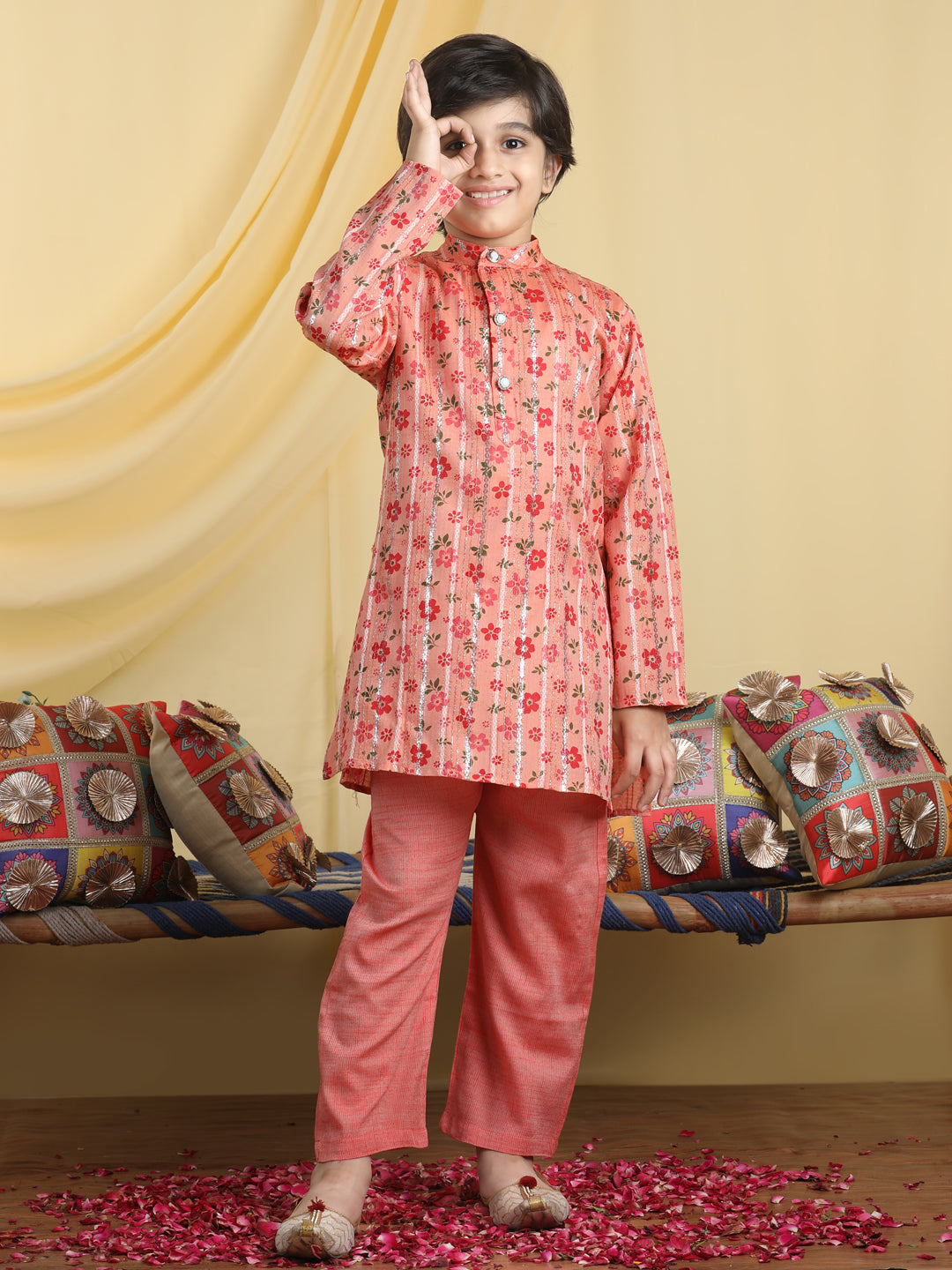 Cutiekins Boys Floral Print Mandarian Collar Kurta & Pajama Set -Coral Orange & Red