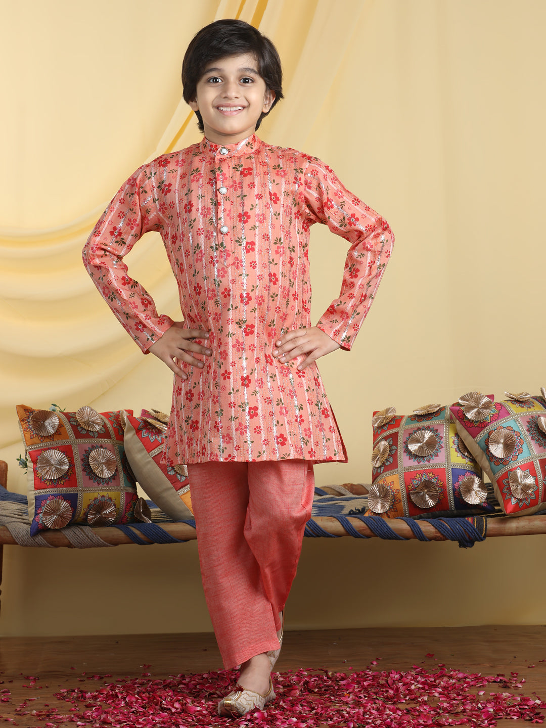 Cutiekins Boys Floral Print Mandarian Collar Kurta & Pajama Set -Coral Orange & Red