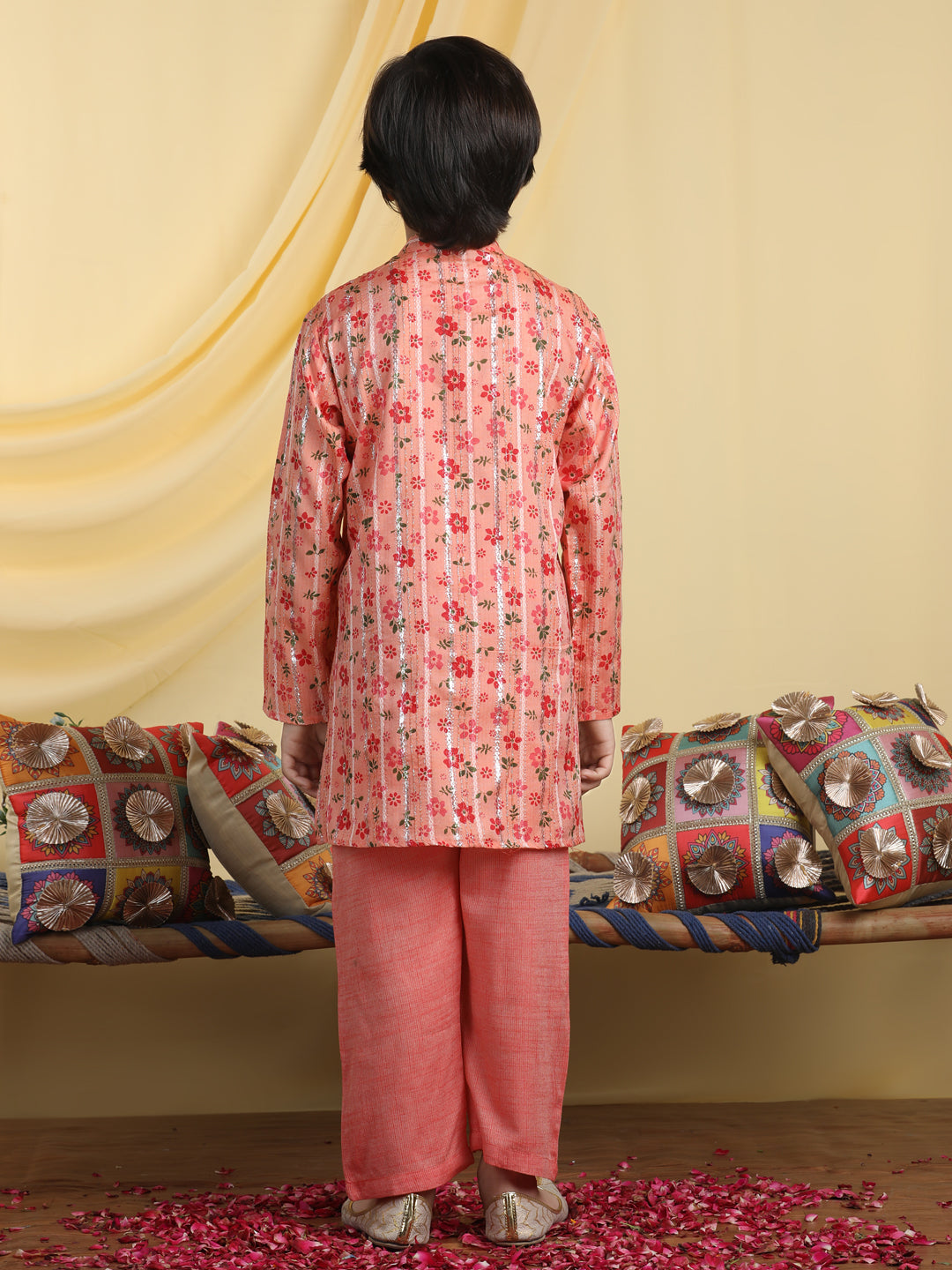 Cutiekins Boys Floral Print Mandarian Collar Kurta & Pajama Set -Coral Orange & Red