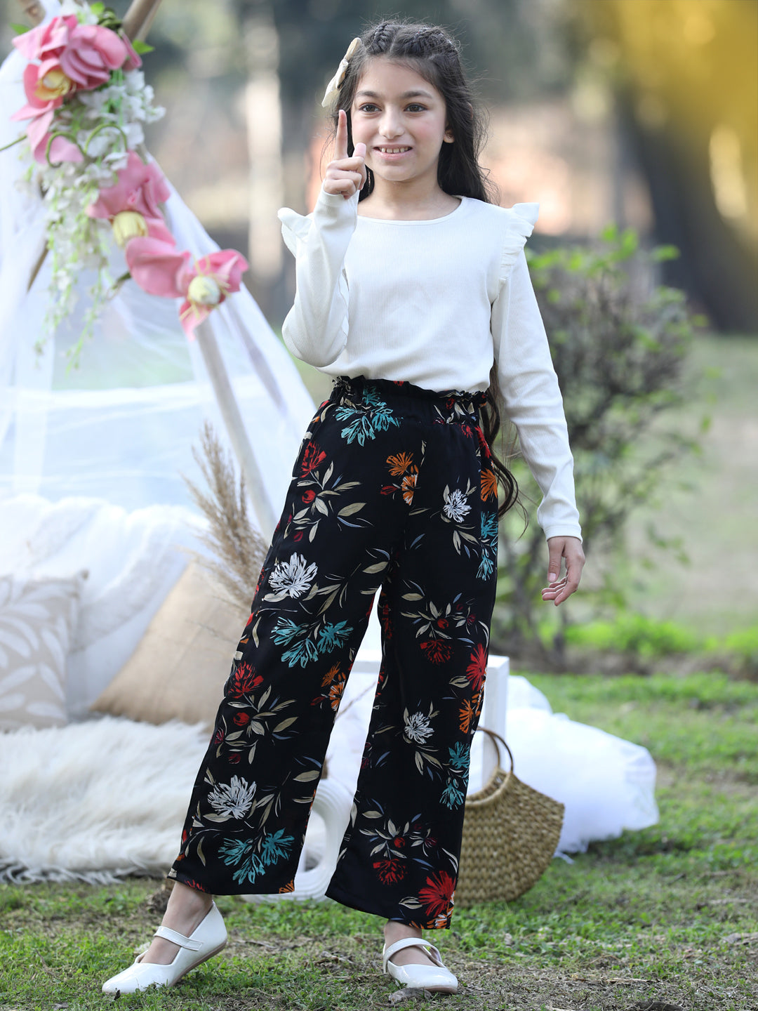 Cutiekins Printed Polyester Palazzos- Black & Blue
