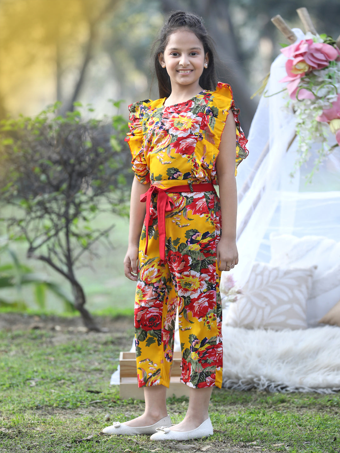 Cutiekins Floral & Leaf Printed Polyester Jumpsuit -Mustard & Red