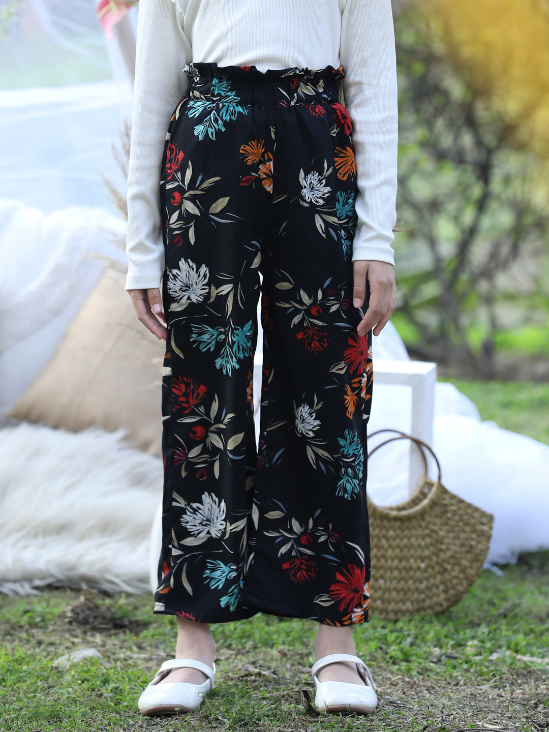 Cutiekins Printed Polyester Palazzos- Black & Blue