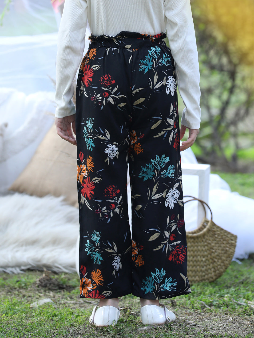 Cutiekins Printed Polyester Palazzos- Black & Blue