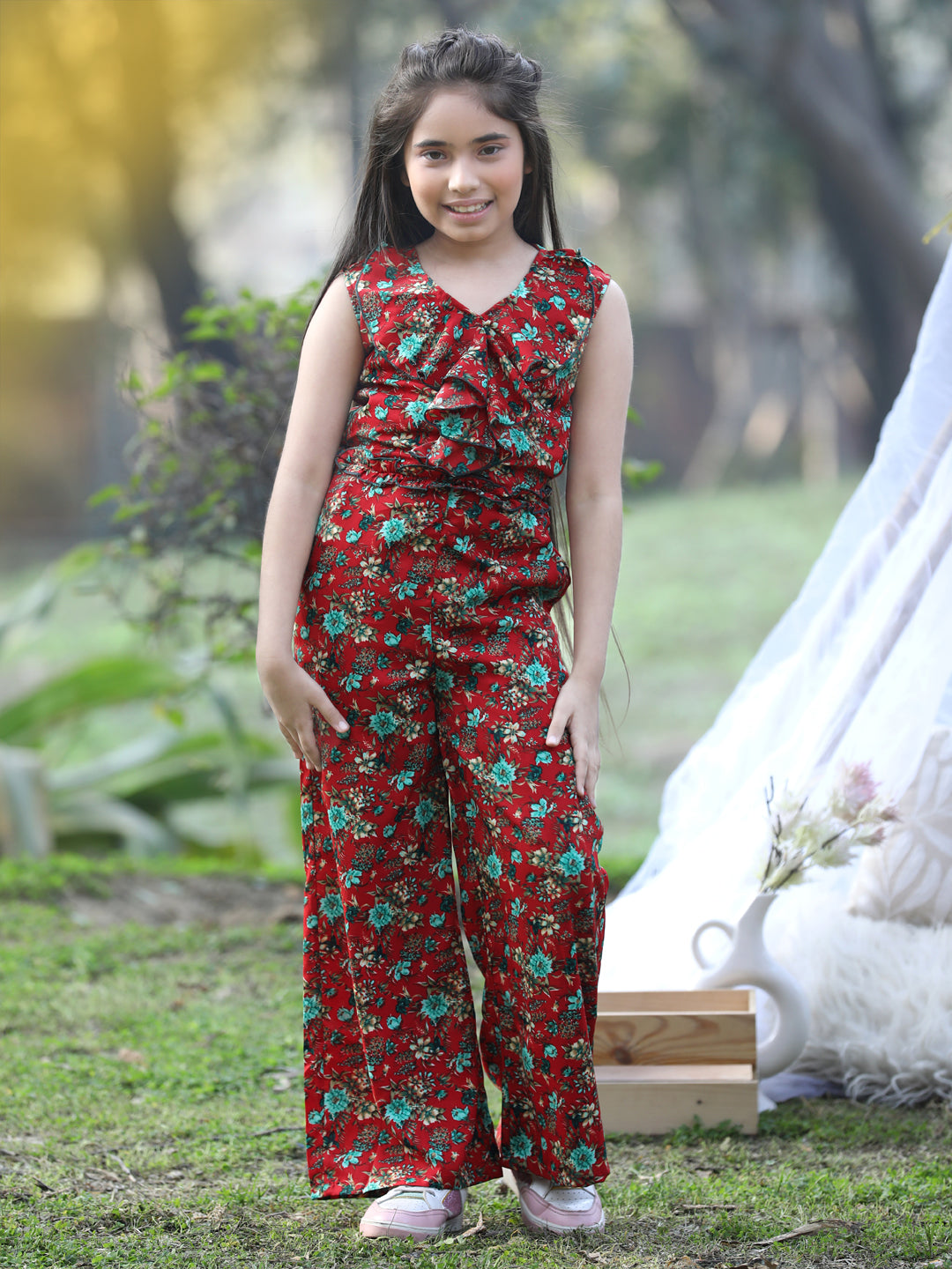 Cutiekins Floral & Leaf Printed Polyester Jumpsuit -Red & Green