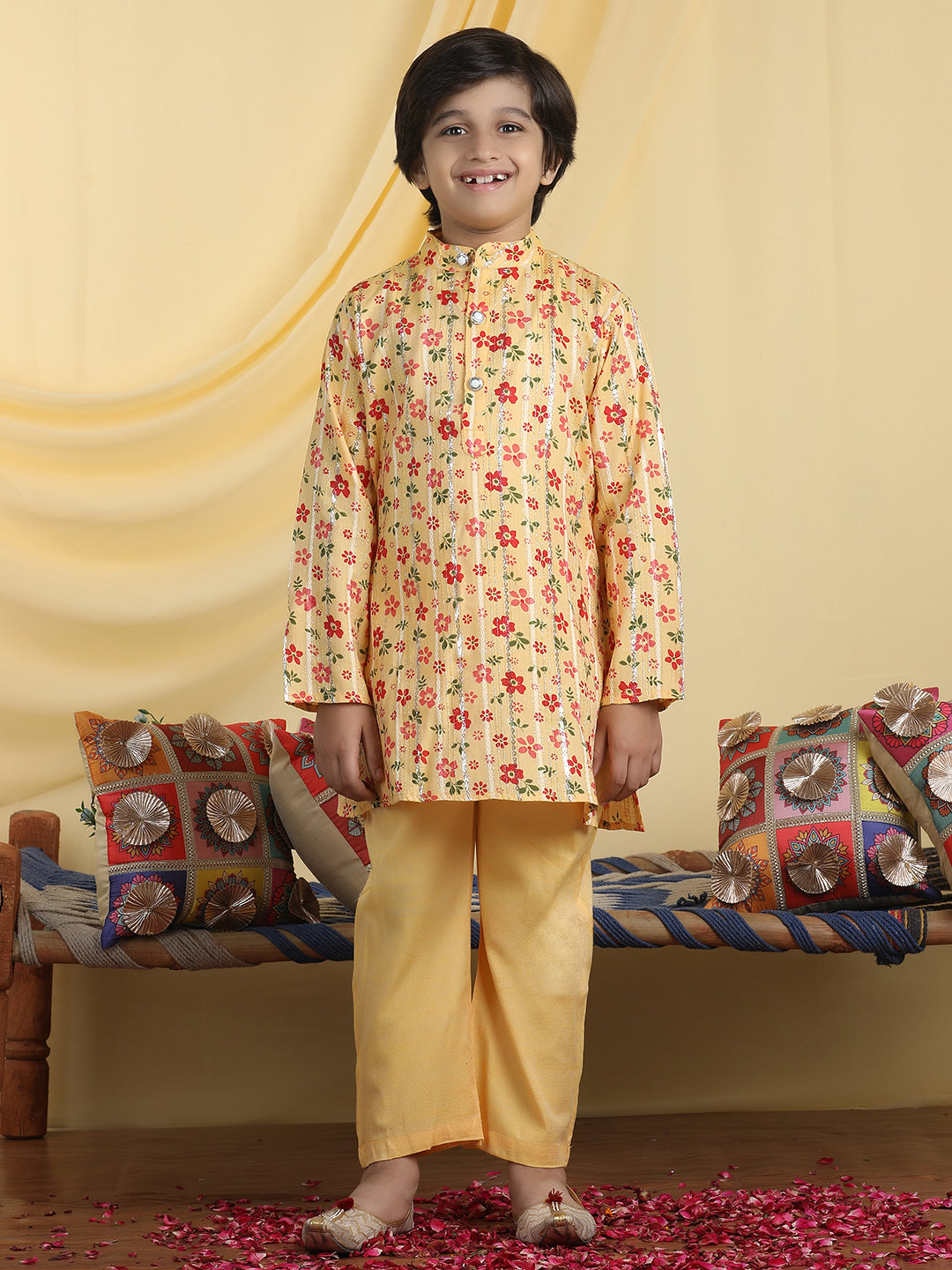 Cutiekins Boys Floral Print Mandarin Collar Kurta with Pajama -Mustard & Red