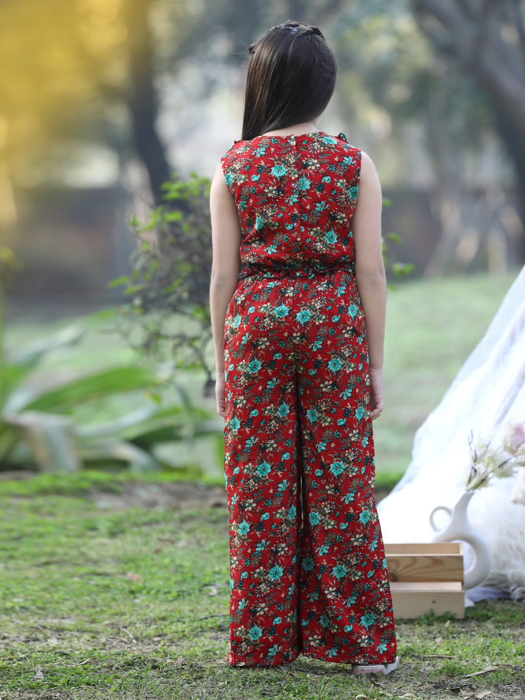 Cutiekins Floral & Leaf Printed Polyester Jumpsuit -Red & Green