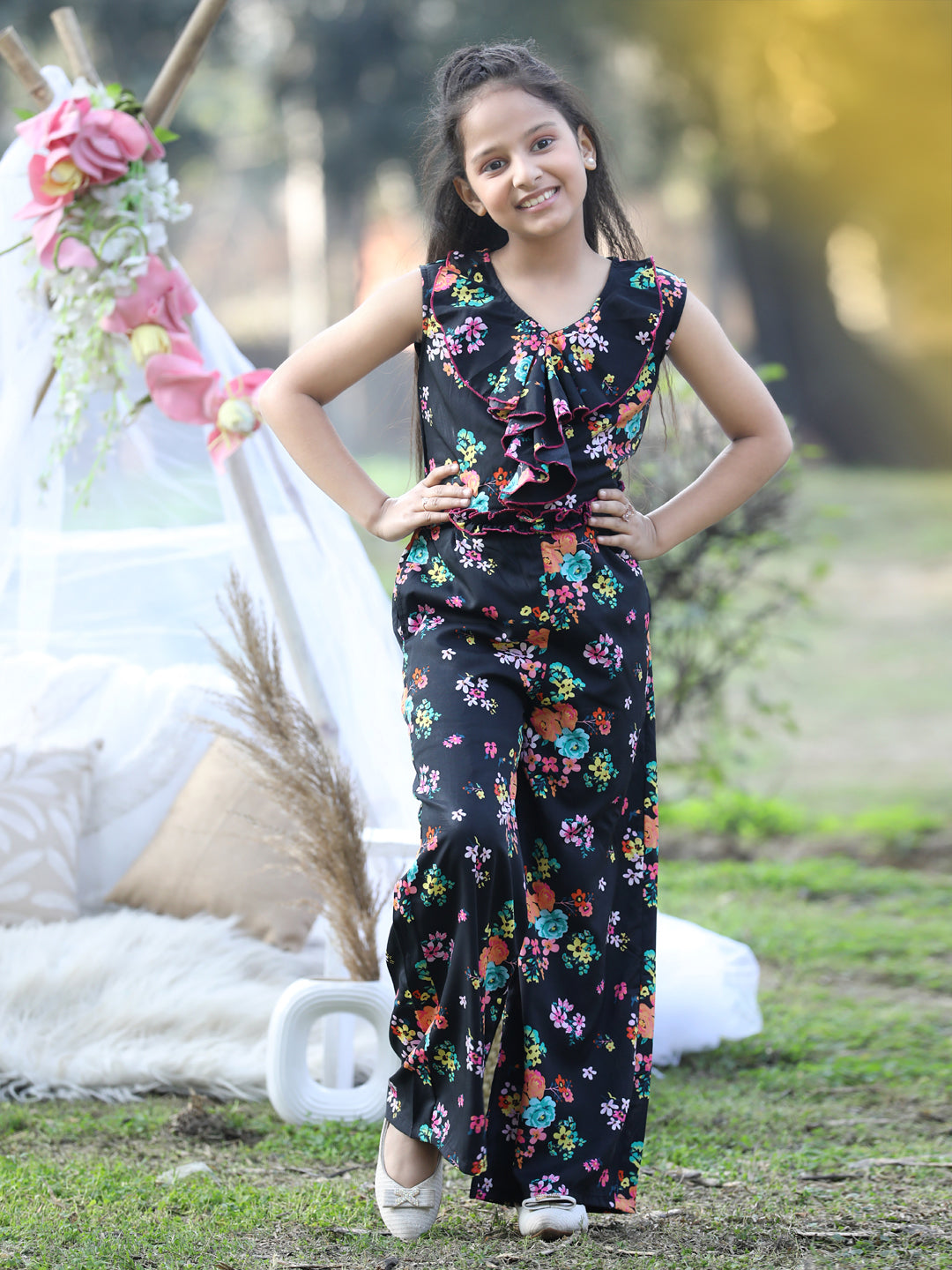 Cutiekins Floral & Leaf Printed Polyester Jumpsuit -Black & Blue