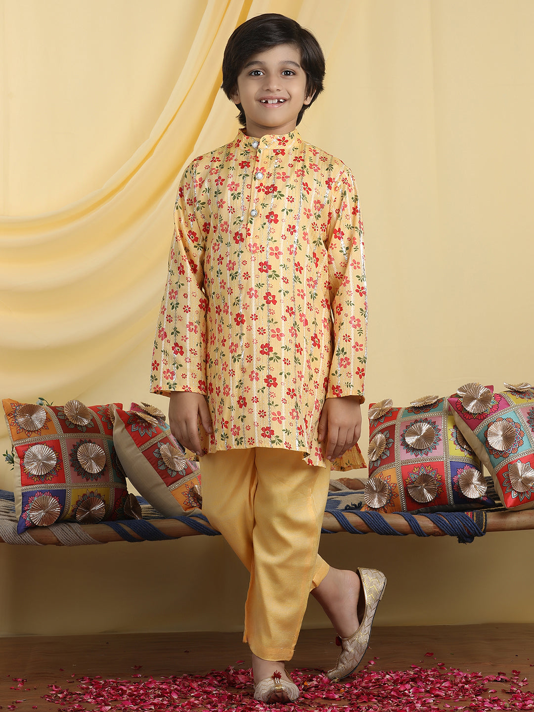 Cutiekins Boys Floral Print Mandarin Collar Kurta with Pajama -Mustard & Red