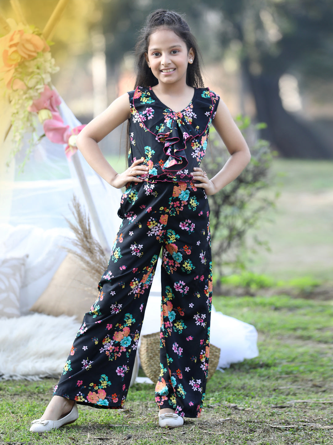 Cutiekins Floral & Leaf Printed Polyester Jumpsuit -Black & Blue