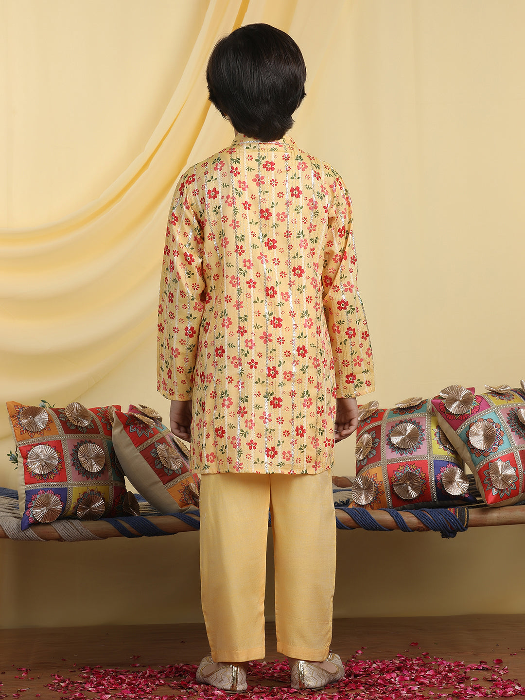 Cutiekins Boys Floral Print Mandarin Collar Kurta with Pajama -Mustard & Red