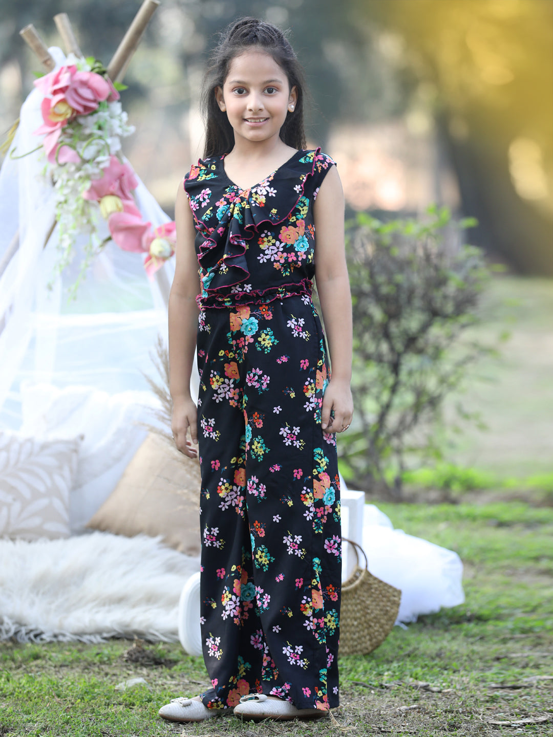 Cutiekins Floral & Leaf Printed Polyester Jumpsuit -Black & Blue