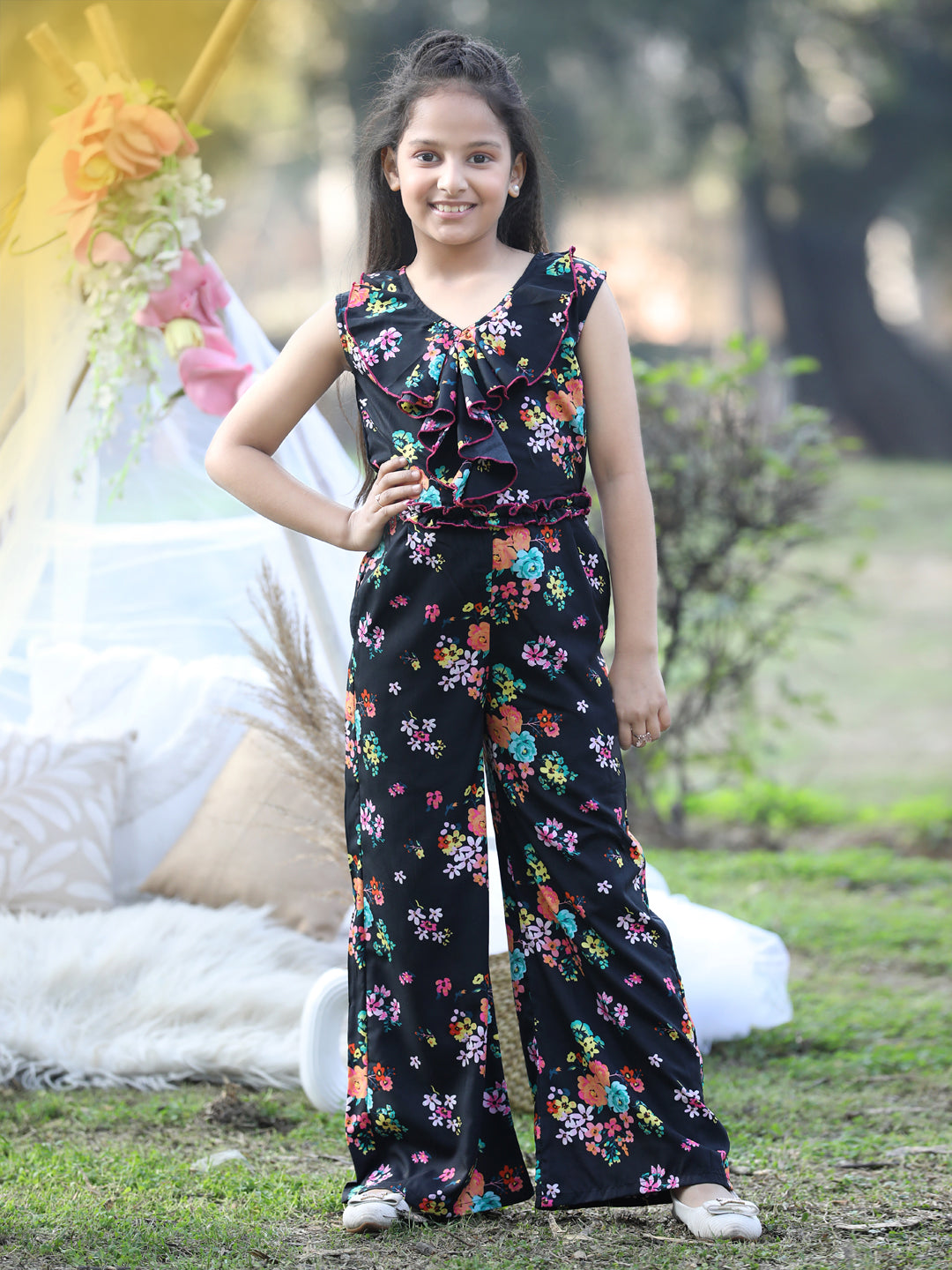 Cutiekins Floral & Leaf Printed Polyester Jumpsuit -Black & Blue