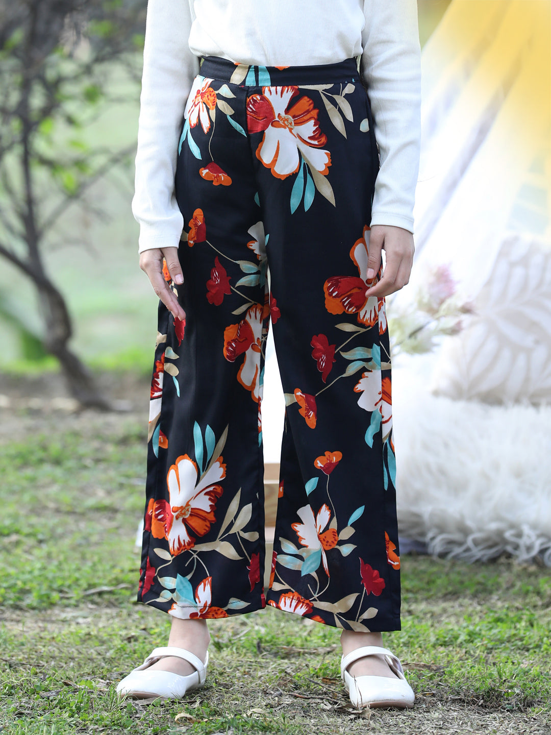 Cutiekins Printed Polyester Palazzos- Black & Pink