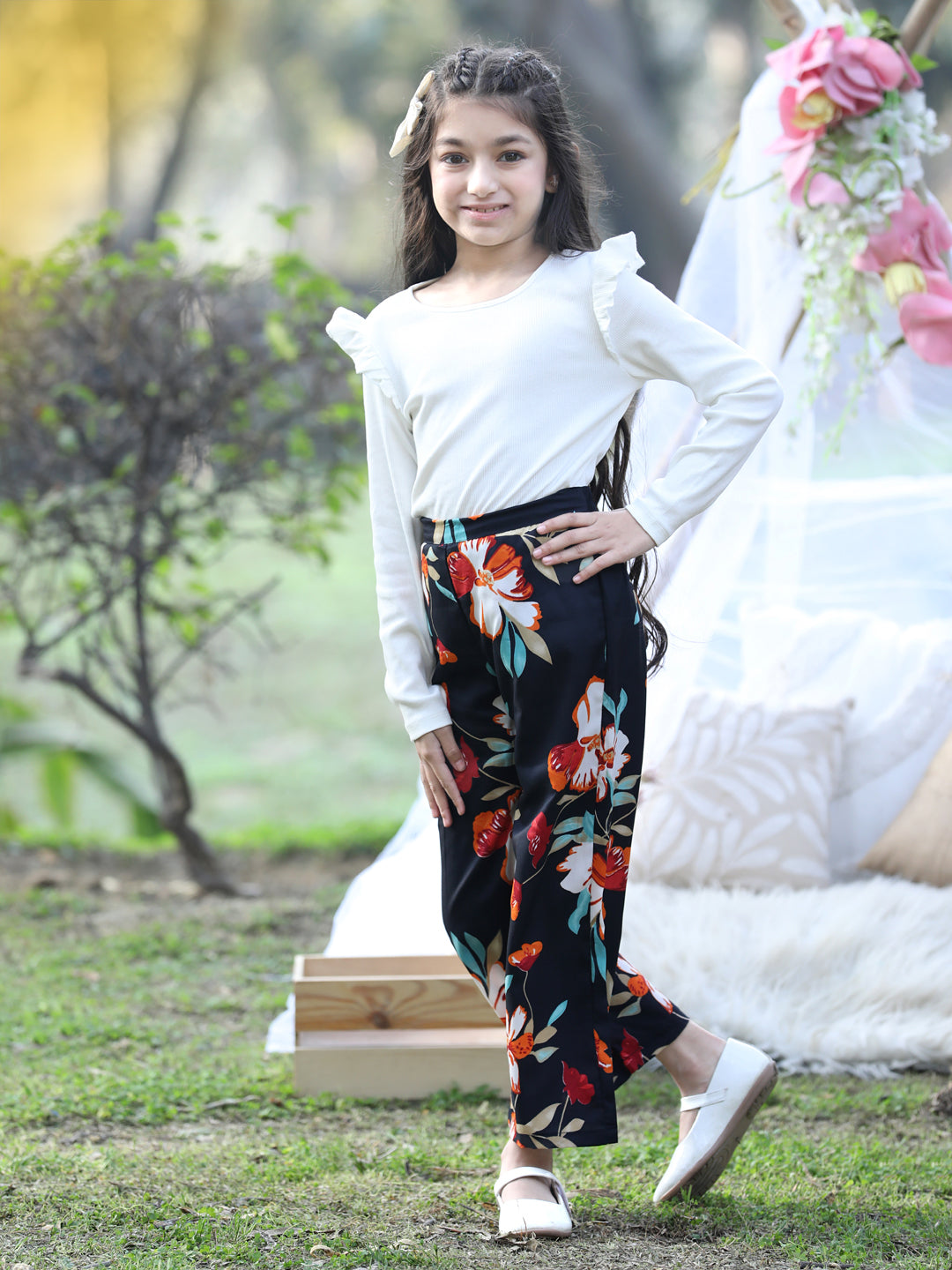 Cutiekins Printed Polyester Palazzos- Black & Pink