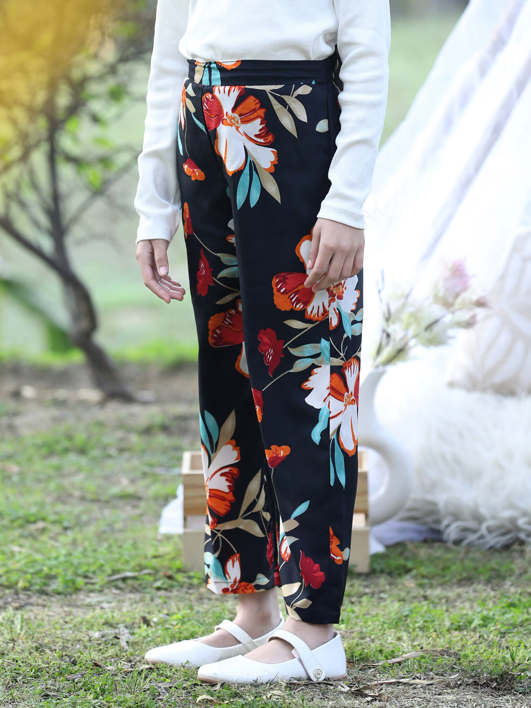 Cutiekins Printed Polyester Palazzos- Black & Pink