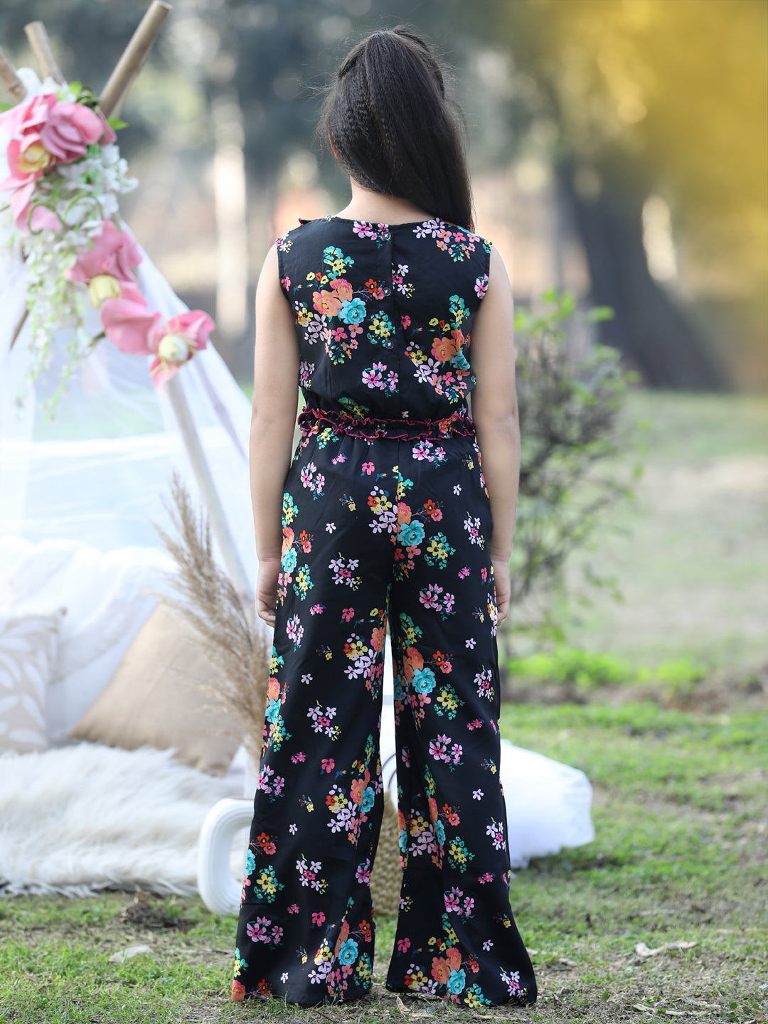 Cutiekins Floral & Leaf Printed Polyester Jumpsuit -Black & Blue