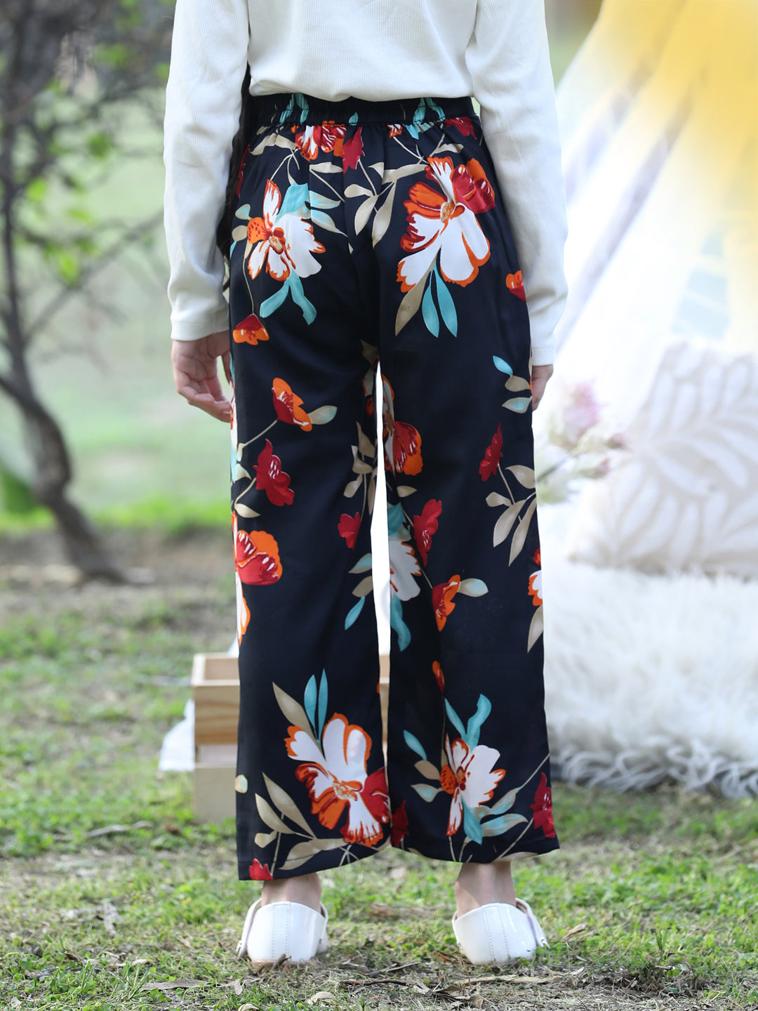 Cutiekins Printed Polyester Palazzos- Black & Pink