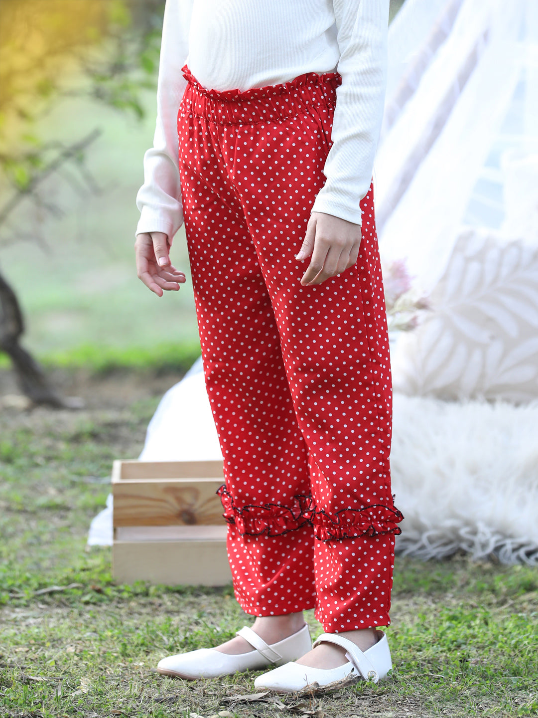 Cutiekins Printed Polyester Palazzos- Red & White