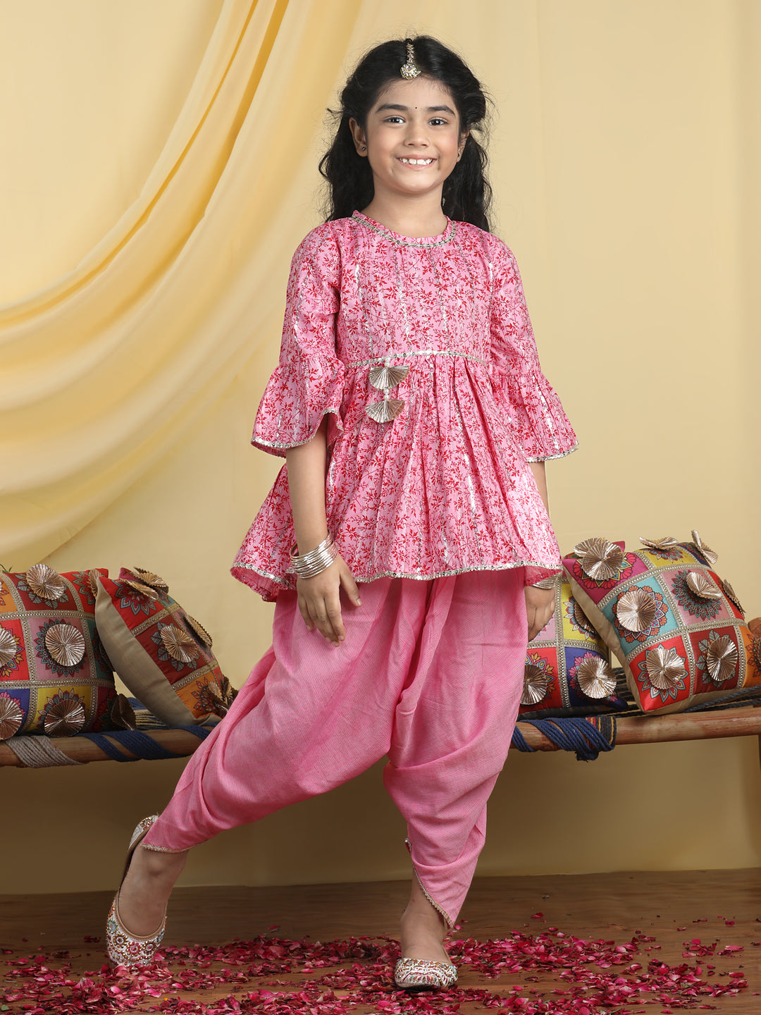 Cutiekins Girls Tropical Print Kurta With Solid Dhoti Pant -Pink & Red