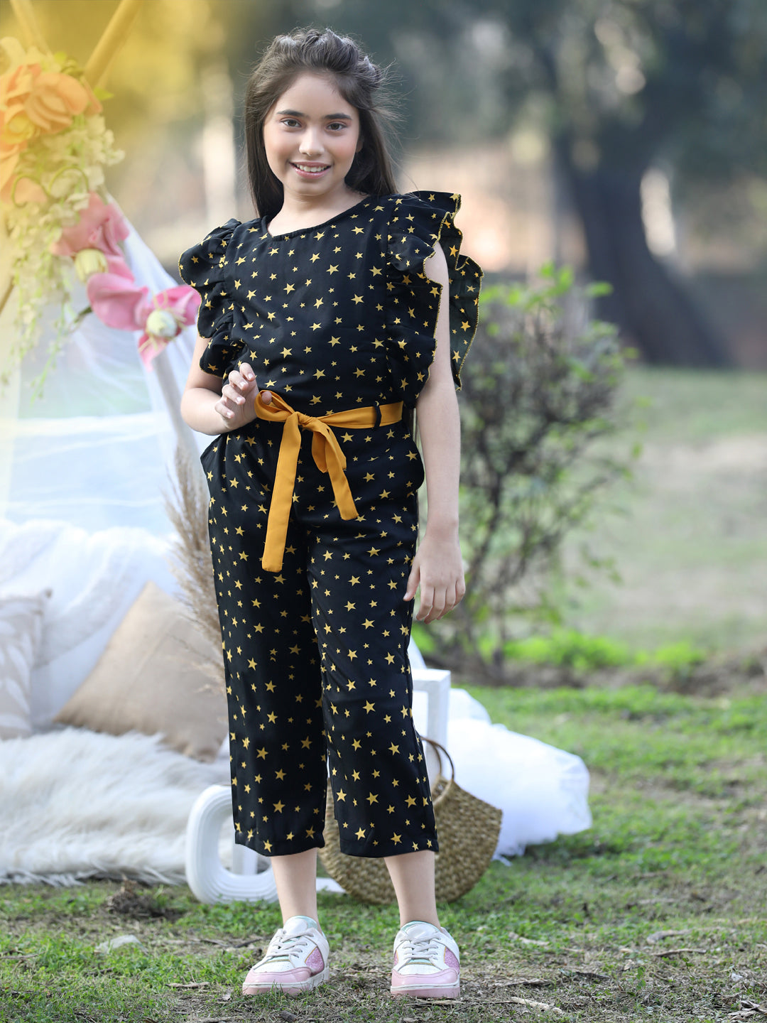 Cutiekins Round Neck Printed Polyester Jumpsuit -Black & Mustard