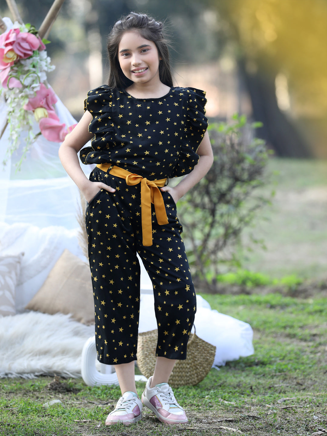 Cutiekins Round Neck Printed Polyester Jumpsuit -Black & Mustard