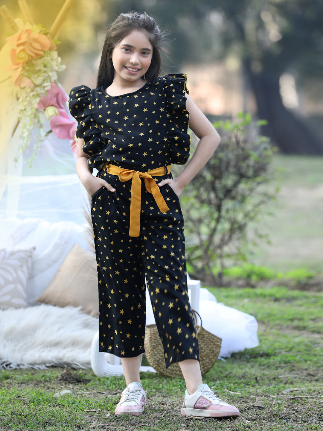 Cutiekins Round Neck Printed Polyester Jumpsuit -Black & Mustard