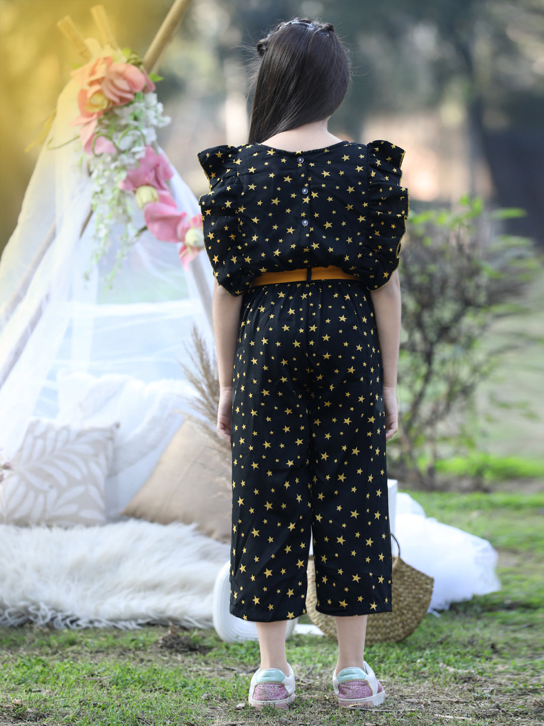 Cutiekins Round Neck Printed Polyester Jumpsuit -Black & Mustard