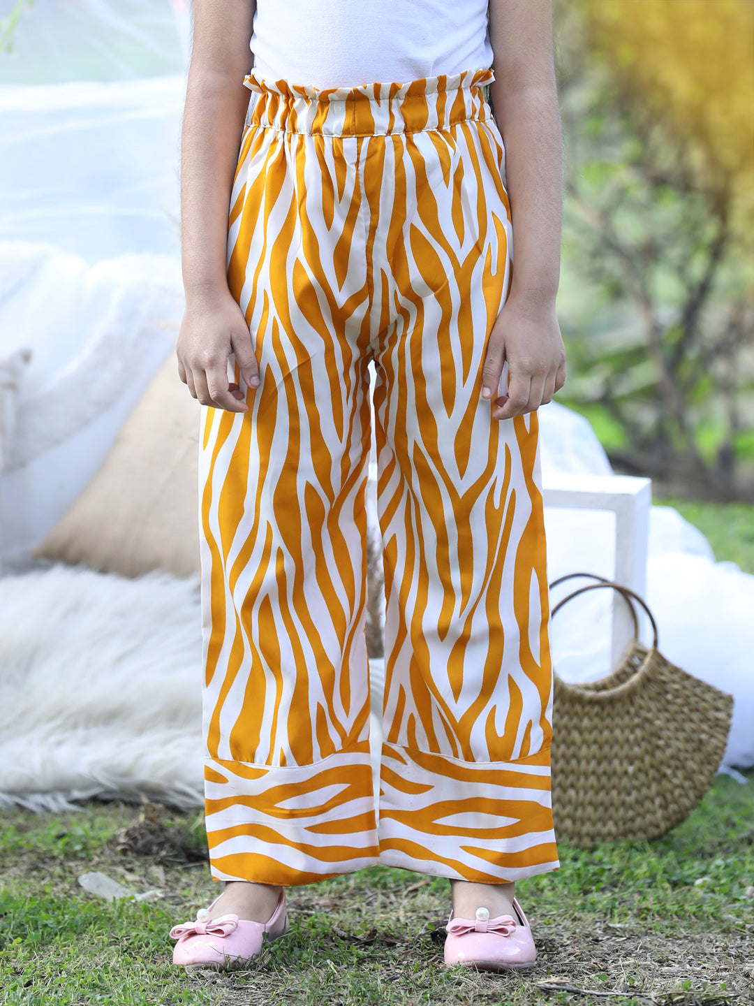 Cutiekins Printed Polyester Palazzos- Mustard & White