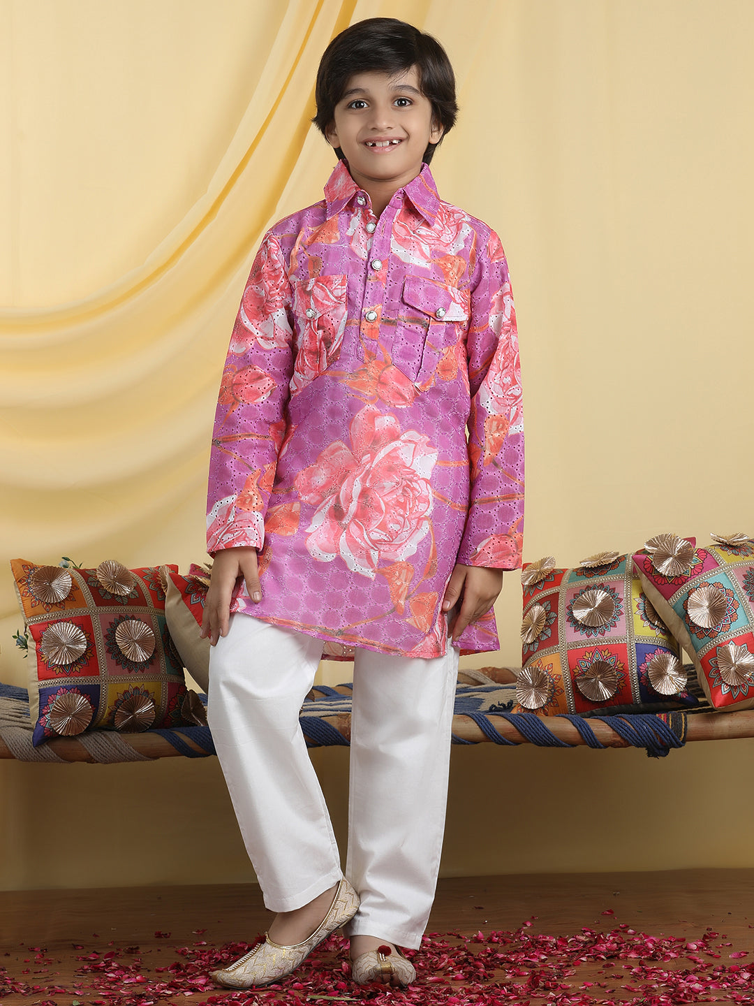 Cutiekins Boys Floral Print Shirt Collar Kurta & Pajama Set -Bright Purple & White