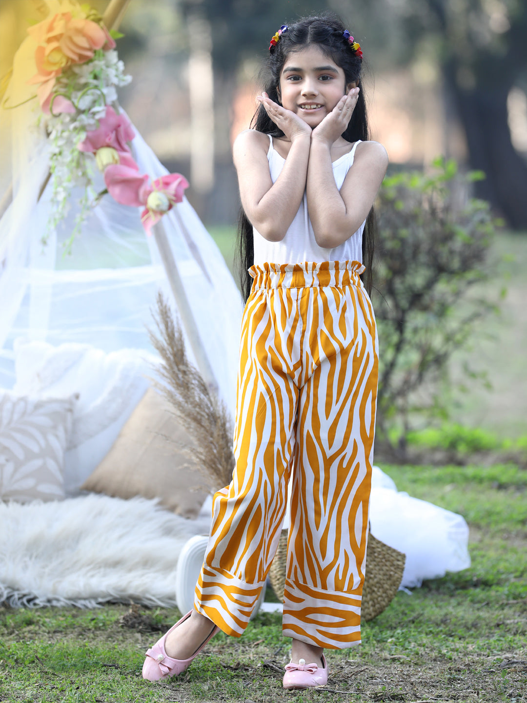Cutiekins Printed Polyester Palazzos- Mustard & White