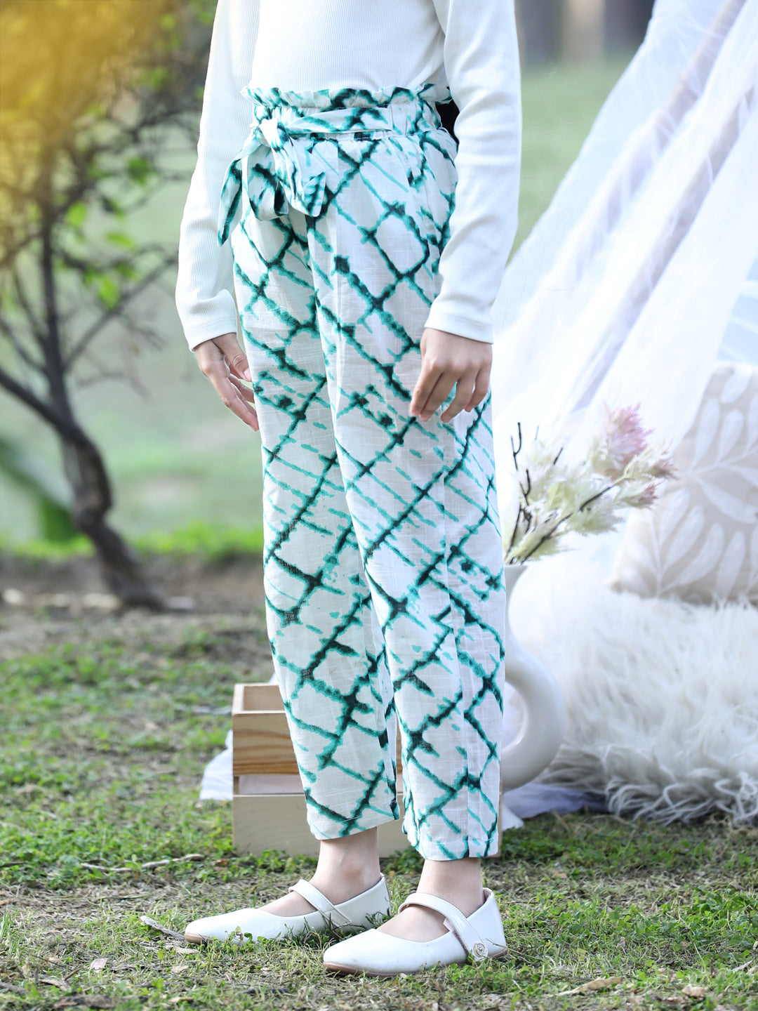 Cutiekins Printed Cotton Palazzos- White & Green
