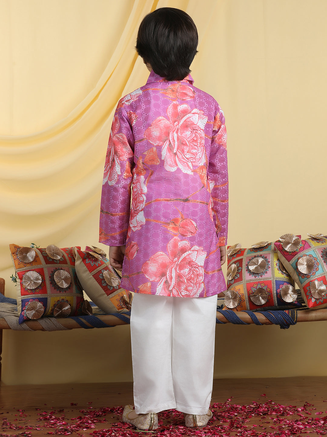 Cutiekins Boys Floral Print Shirt Collar Kurta & Pajama Set -Bright Purple & White