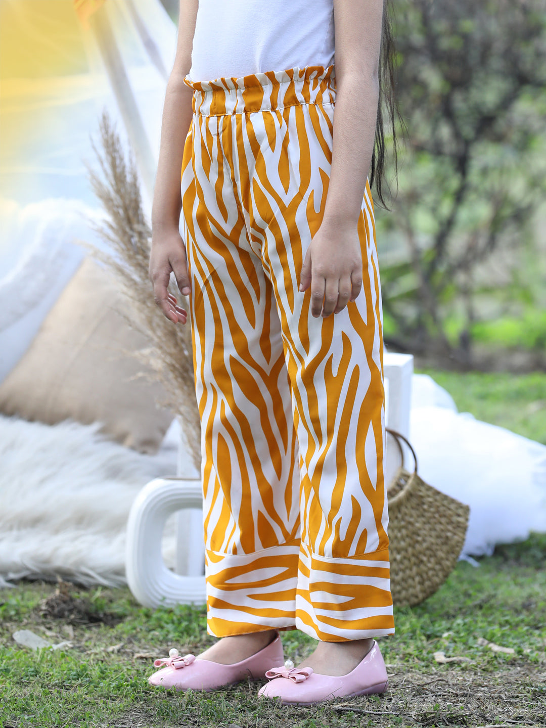 Cutiekins Printed Polyester Palazzos- Mustard & White