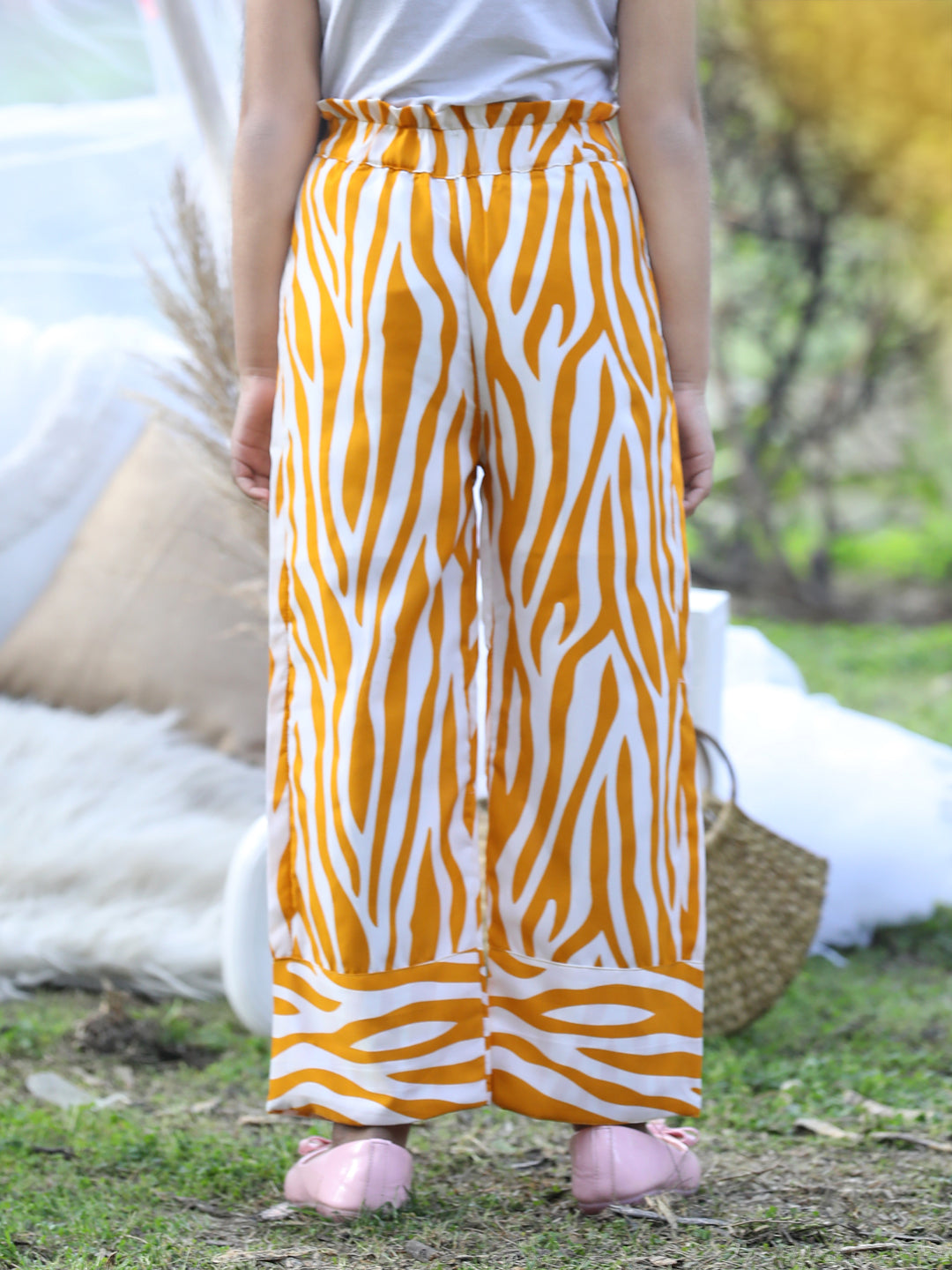 Cutiekins Printed Polyester Palazzos- Mustard & White