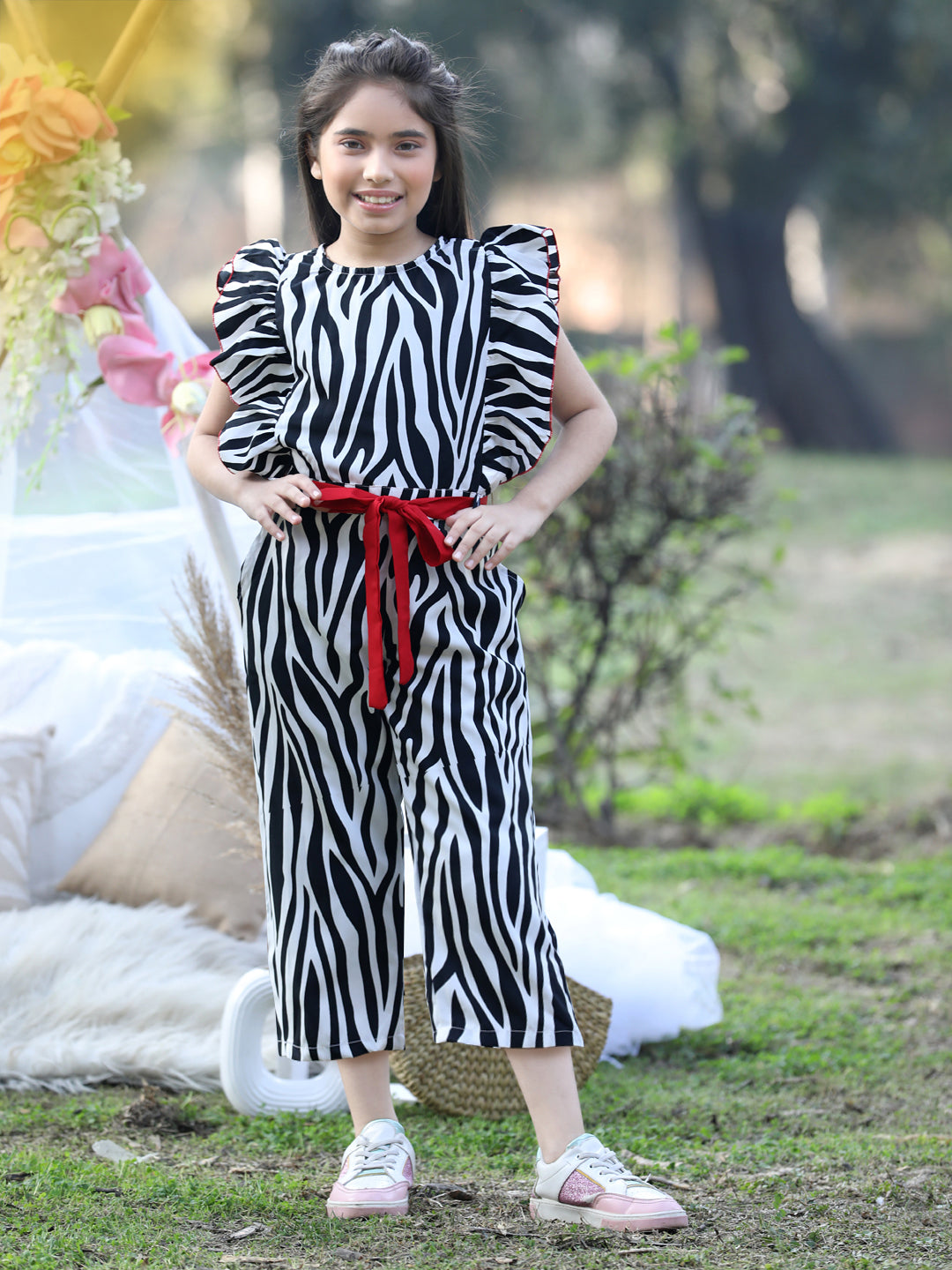 Cutiekins Round Neck Printed Polyester Jumpsuit -White & Black