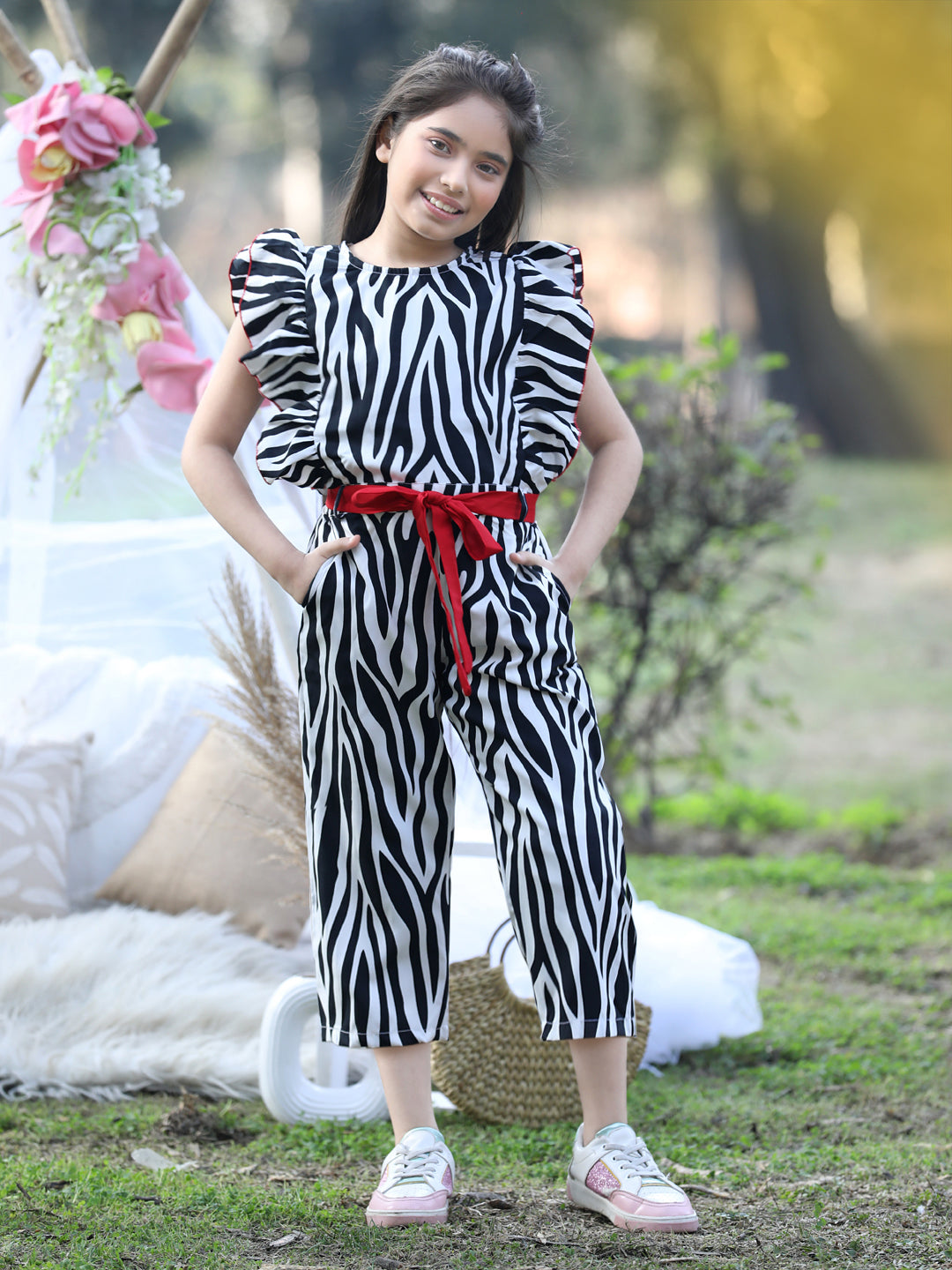 Cutiekins Round Neck Printed Polyester Jumpsuit -White & Black