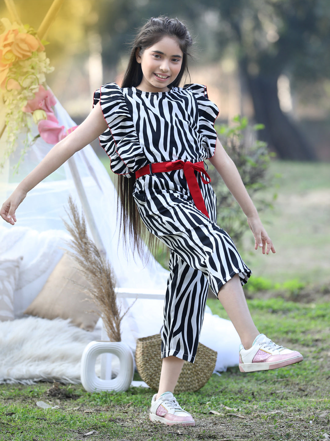 Cutiekins Round Neck Printed Polyester Jumpsuit -White & Black