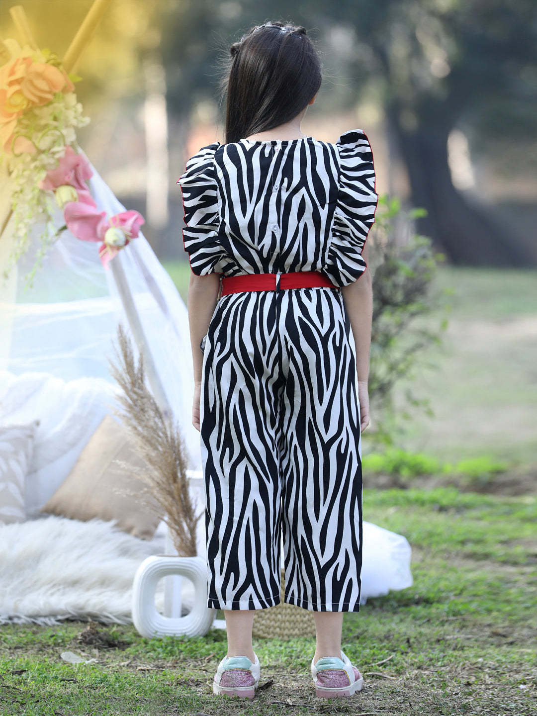 Cutiekins Round Neck Printed Polyester Jumpsuit -White & Black